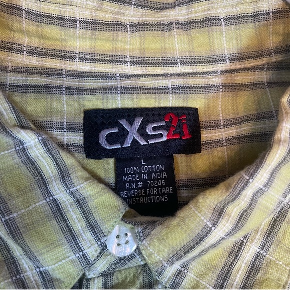 Vintage CXS21 Mens Short Sleeve Shirt Large Greenish Yellow Grey Check Cotton - Picture 2 of 6